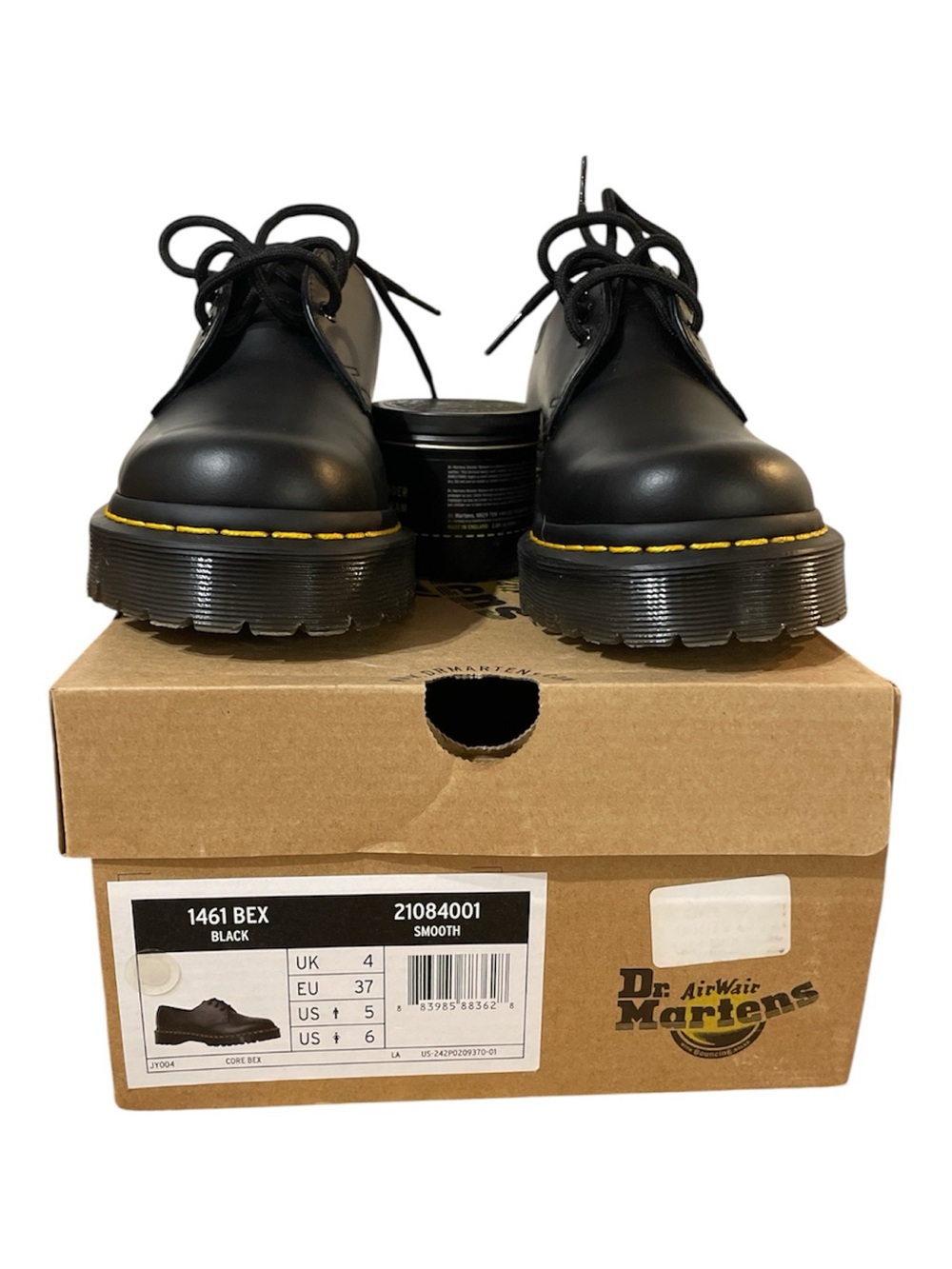 •Dr. Martens Black Smooth Leather 3-Eye Bex Derby Shoes with Yellow Stitching